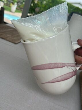 White Ceramic Milk Bag pitcher with Pink Brushstroke Design